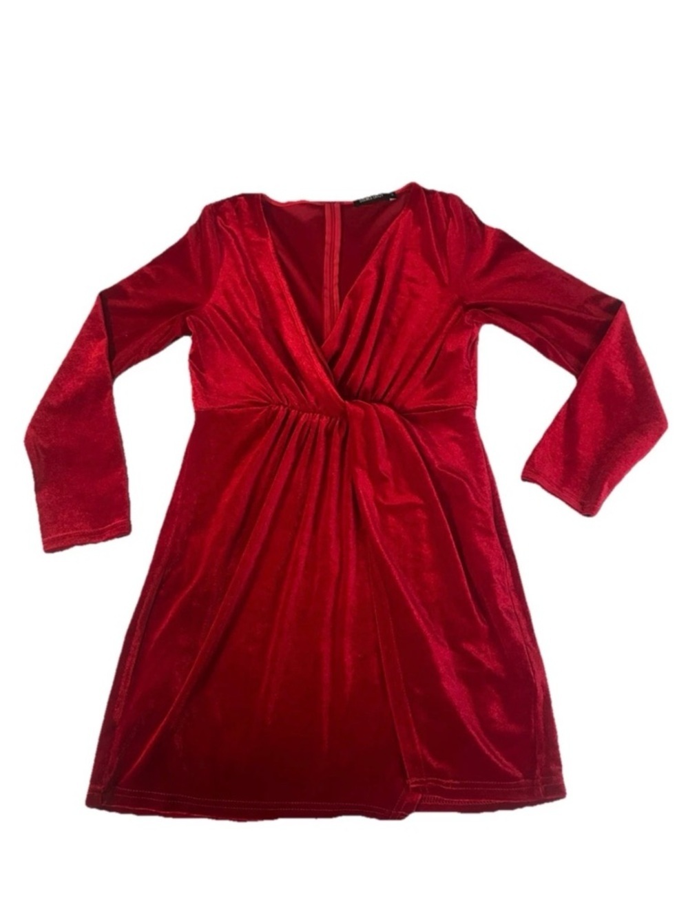 Red Velvet Long-Sleeve Wrap-Front Party Dress